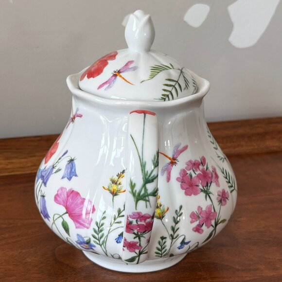 Kent Pottery Porcelain Teapot Floral Dragonflies Poppies Cottagecore SMALL FLAW - Picture 5 of 17